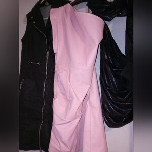 Pink Leather Mini One Shoulder Dress